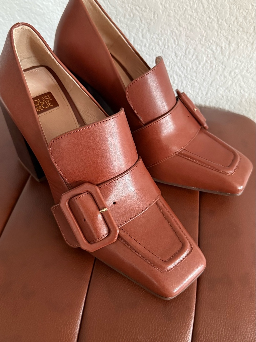 Louise et Cie Cognac Leather Buckle Block Heels